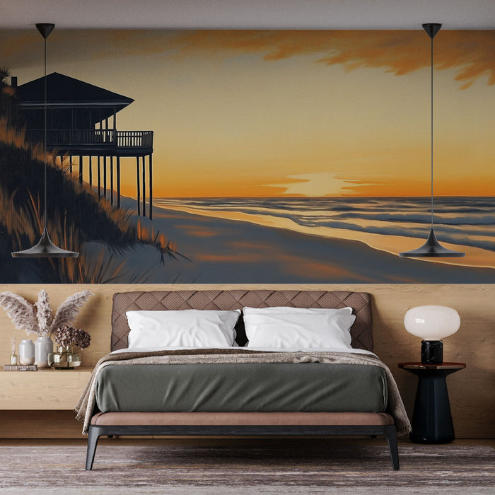Une chambre moderne avec un papier peint représentant un coucher de soleil sur la plage, évoquant une ambiance sereine et apaisante.
