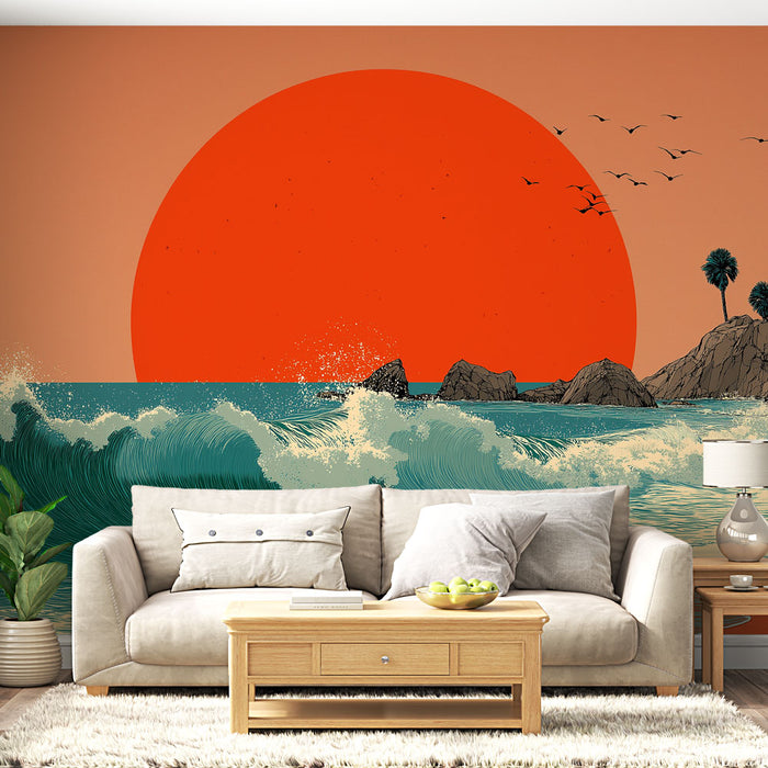 Un salon lumineux avec un papier peint représentant un coucher de soleil vibrant orange sur fond de mer turquoise et de vagues stylisées, créant une ambiance apaisante et tropicale.