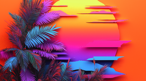 Papier peint coucher de soleil Motif coloré et tropical avec palmiers stylisés