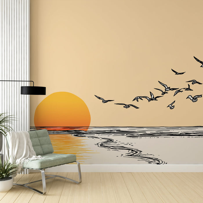 Une pièce moderne avec un papier peint représentant un coucher de soleil stylisé orange et des oiseaux en vol, créant une atmosphère apaisante et inspirante.