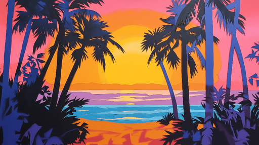 Papier peint coucher de soleil Palette vibrante de couleurs tropicales avec palmiers silhouettes