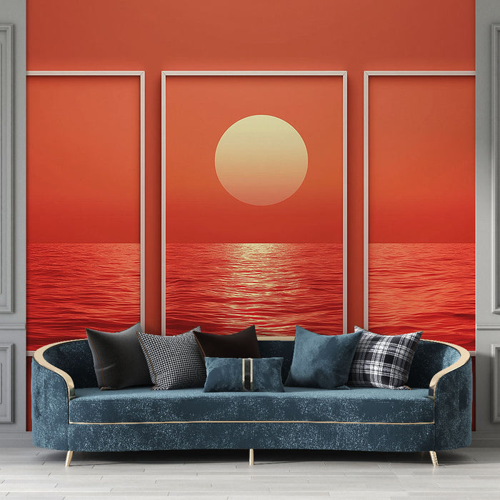 Un salon élégant avec un papier peint représentant un coucher de soleil sur fond rouge, créant une atmosphère chaleureuse et apaisante.