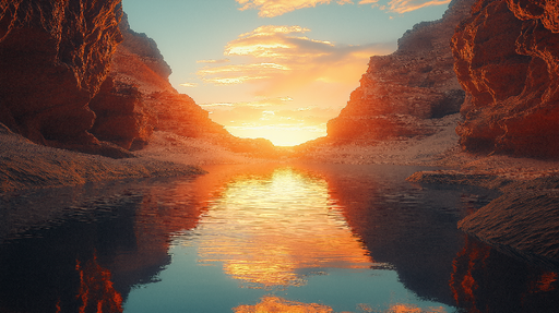 Papier peint coucher de soleil Paysage de canyon avec reflet sur l'eau