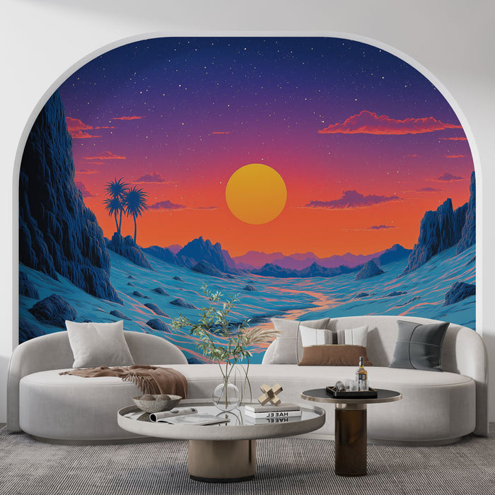 Une pièce moderne avec un papier peint représentant un paysage surréaliste, où un soleil vibrant se lève sur des montagnes bleues et un ciel dégradé de rose et violet.