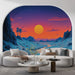 Une pièce moderne avec un papier peint représentant un paysage surréaliste, où un soleil vibrant se lève sur des montagnes bleues et un ciel dégradé de rose et violet.
