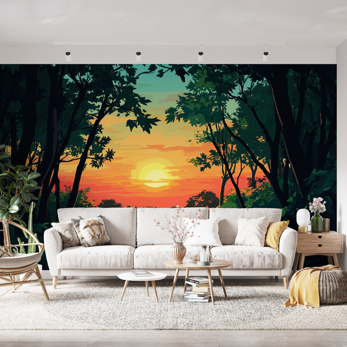 Papier peint coucher de soleil | Paysage luxuriant avec coucher de soleil vibrant