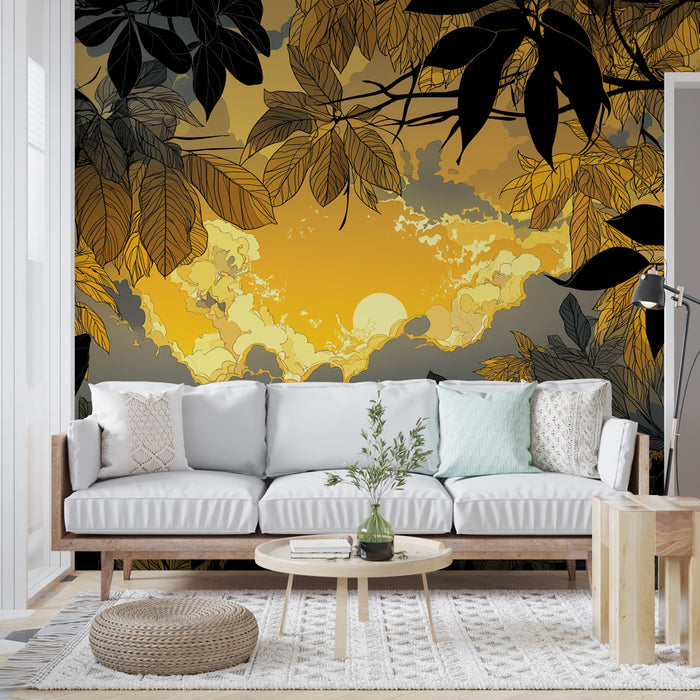 Un salon moderne avec un papier peint tropical aux motifs de feuillage noir et doré sur fond dégradé jaune, créant une atmosphère chaleureuse et apaisante.