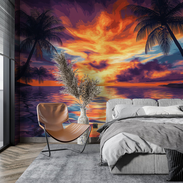 Papier peint coucher de soleil | Paysage tropical avec palmiers au bord de l'eau