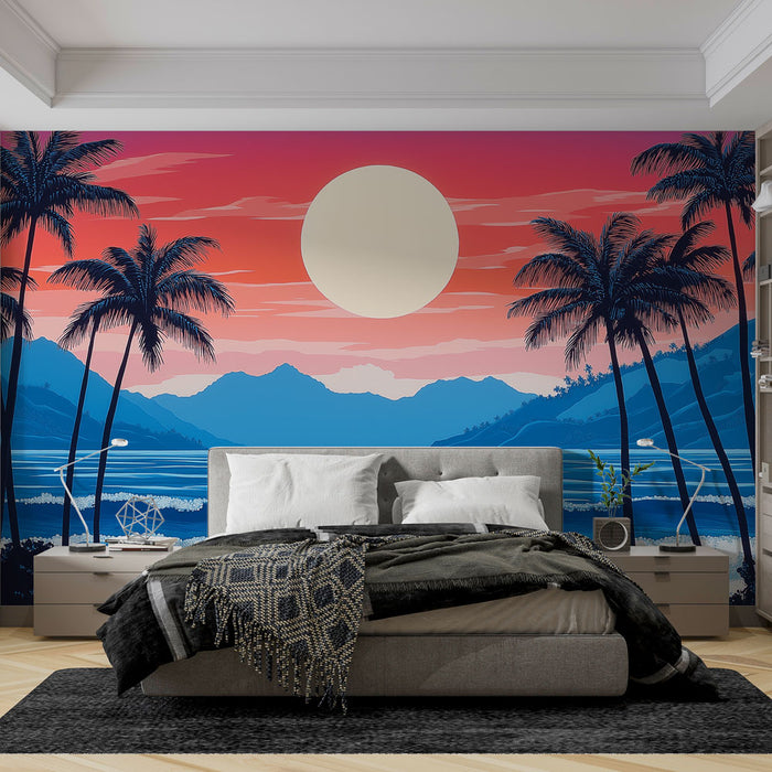 Une chambre moderne avec un papier peint tropical représentant un paysage de palmiers et de montagnes sous un ciel dégradé rose et bleu, évoquant une atmosphère apaisante et rêveuse.