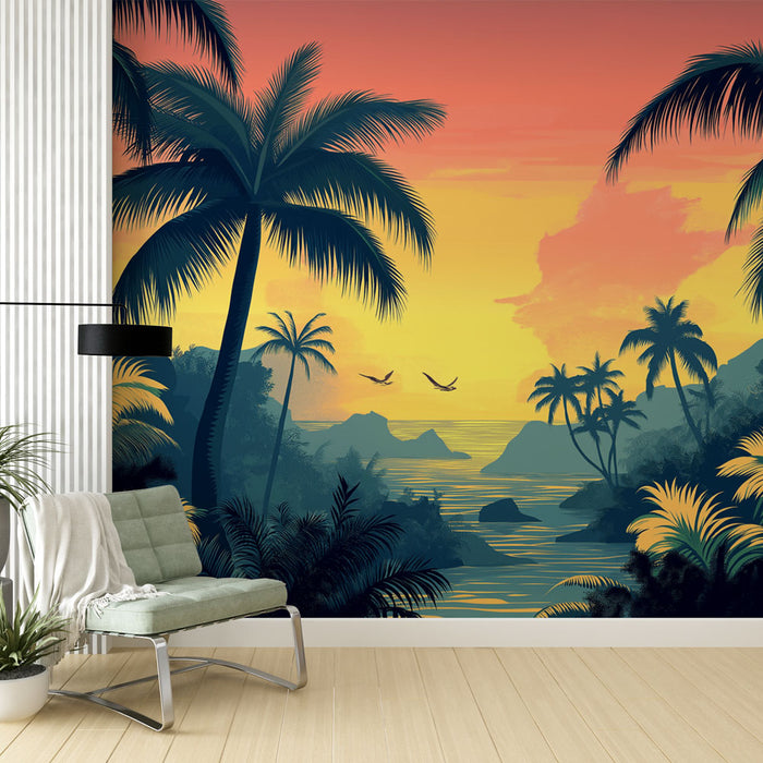 Papier peint coucher de soleil | Paysage tropical vibrant avec palmiers