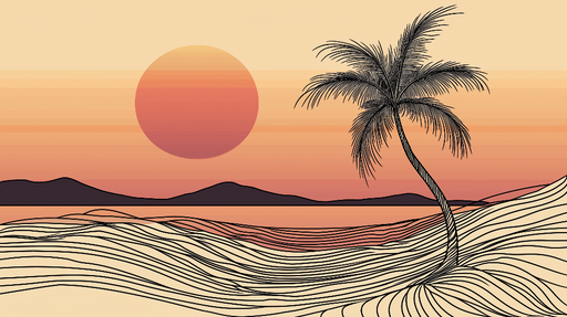 Papier peint coucher de soleil Plage et Palmiers Minimalistes