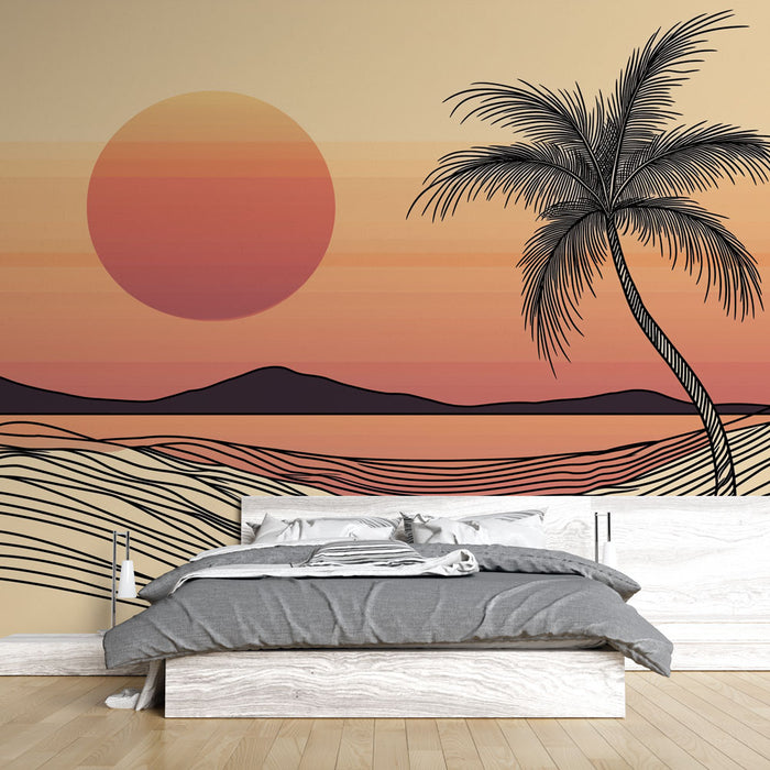 Papier peint coucher de soleil | Plage et Palmiers Minimalistes