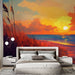 Une chambre moderne avec un papier peint représentant un coucher de soleil vibrant sur la mer, aux teintes chaudes et apaisantes.
