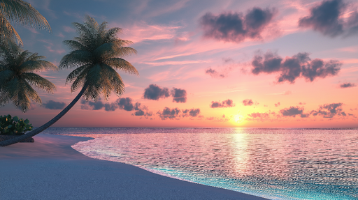 Papier peint coucher de soleil Plage tranquille avec palmiers