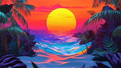 Papier peint coucher de soleil Plage tropicale avec palmiers et soleil vibrant