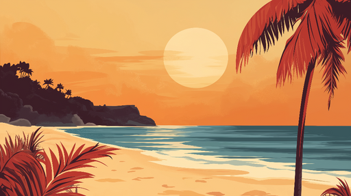 Papier peint coucher de soleil Plage Tropicale avec Palmiers