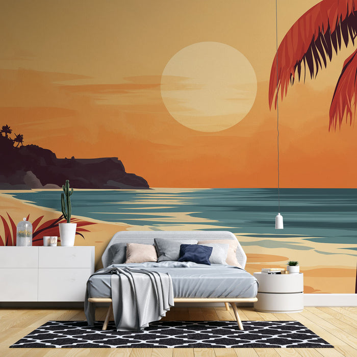 Papier peint coucher de soleil | Plage Tropicale avec Palmiers