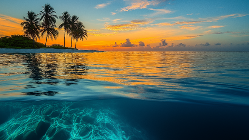 Papier peint coucher de soleil Plage tropicale et palmiers