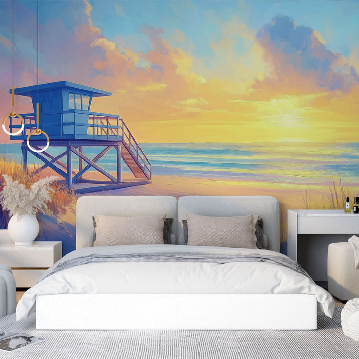 Une chambre lumineuse avec un papier peint représentant un paysage côtier au coucher de soleil, évoquant une ambiance sereine et relaxante.