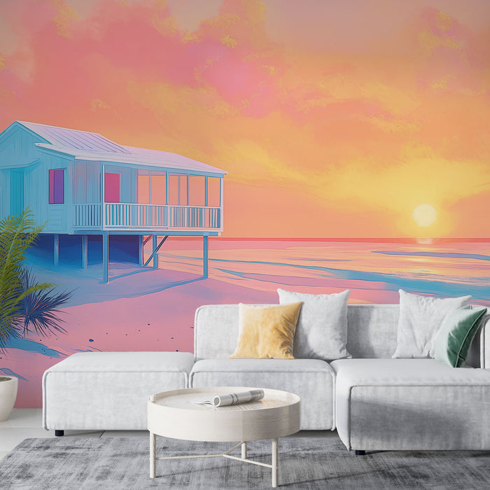 Une pièce de vie moderne avec un papier peint illustrant une maison sur pilotis au coucher de soleil, dégageant une atmosphère sereine et estivale.