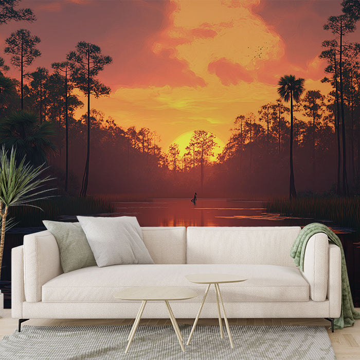 Un salon moderne avec un papier peint représentant un paysage au coucher de soleil, mêlant des teintes orangées et des silhouettes d'arbres, créant une atmosphère apaisante et chaleureuse.