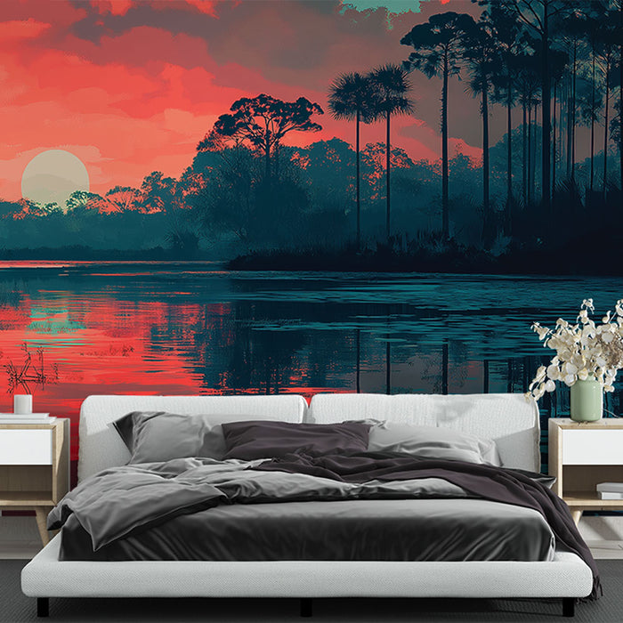 Une chambre moderne avec un papier peint représentant un paysage aquatique au coucher de soleil, mêlant des teintes de rouge, bleu et noir, créant une atmosphère apaisante et poétique.