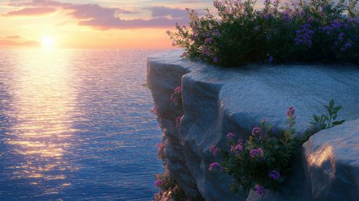 Papier peint coucher de soleil Rivage idyllique avec fleurs violettes