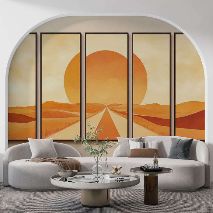 Un salon moderne avec un papier peint représentant un paysage désertique aux teintes orange et beige, évoquant une atmosphère chaleureuse et apaisante.