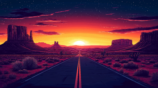 Papier peint coucher de soleil Route désertique sous un ciel étoilé