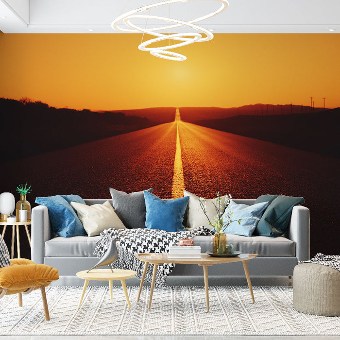 Papier peint coucher de soleil | Route tranquille sous un ciel orangé