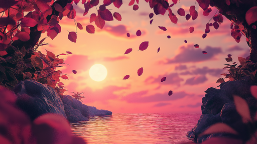 Papier peint coucher de soleil Scène apaisante avec des feuilles tombantes et un lac calme