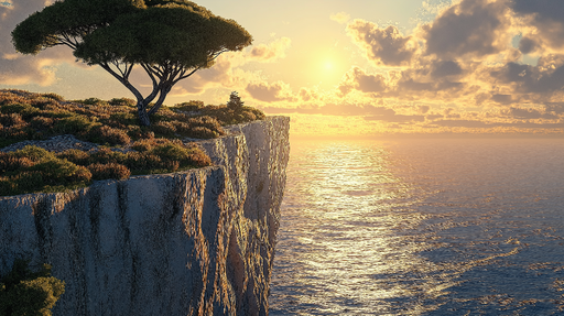 Papier peint coucher de soleil Scène côtière avec rocher et arbre surplombant l'océan