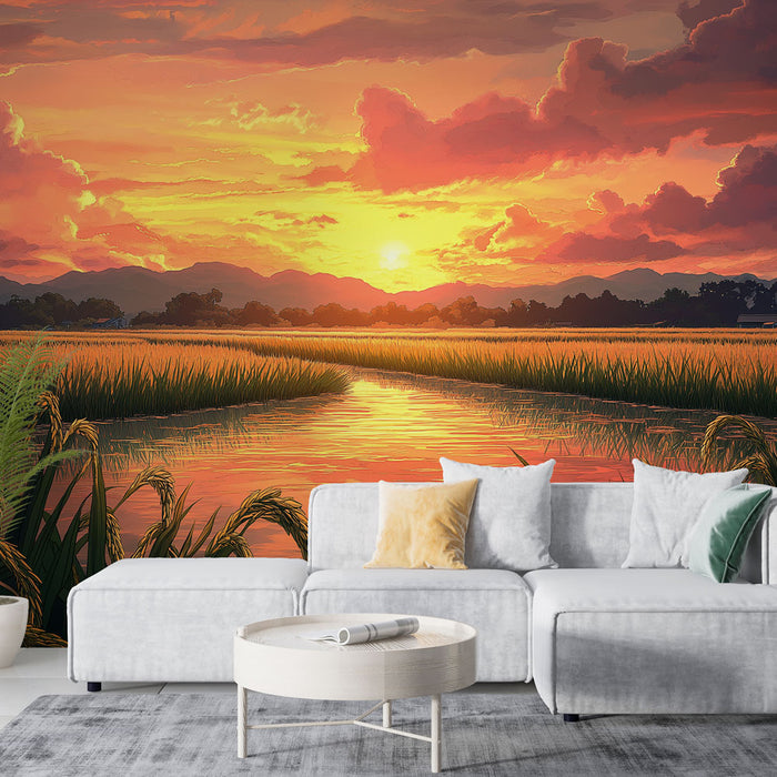 Papier peint coucher de soleil avec scène de champs de riz au crépuscule pour salon moderne