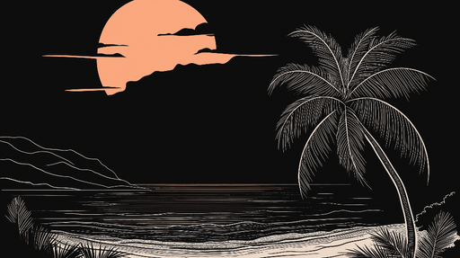 Papier peint coucher de soleil Scène tropicale avec palmiers et mer paisible