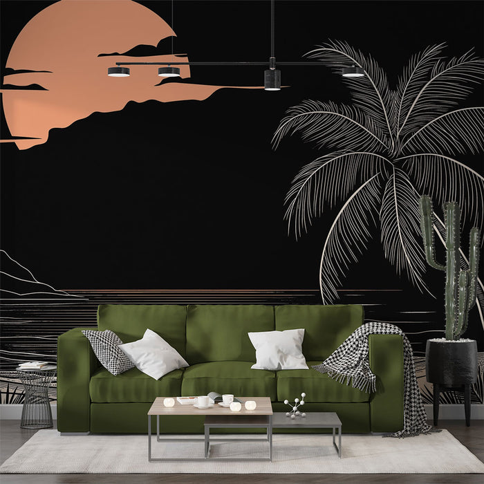 Papier peint coucher de soleil tropical avec palmiers et mer paisible pour salon moderne