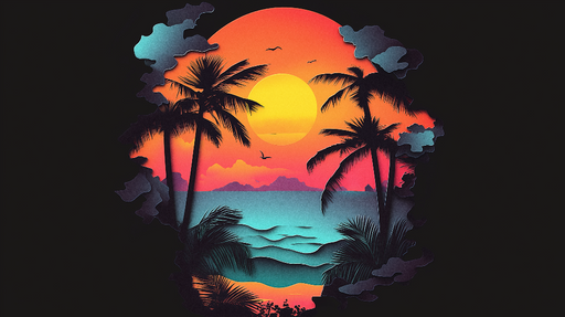 Papier peint coucher de soleil Scène tropicale vibrante avec palmiers et océan