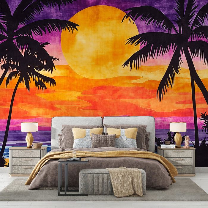 Une chambre moderne avec un papier peint tropical représentant un coucher de soleil vibrant aux teintes orange et violet, évoquant une ambiance chaleureuse et apaisante.