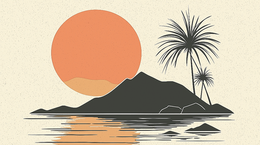 Papier peint coucher de soleil Silhouette stylisée d'une montagne et palmiers au bord de l'eau
