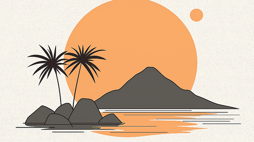Papier peint coucher de soleil Silhouette tropicale avec palmiers et montagne