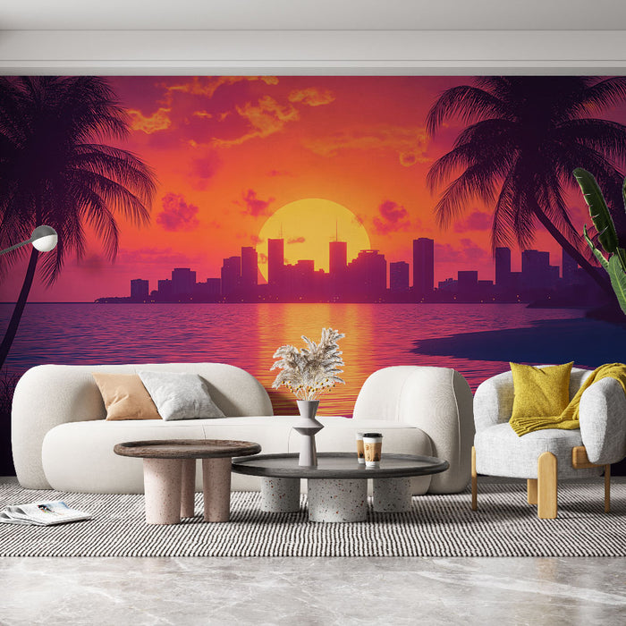 Un salon moderne avec un papier peint représentant un coucher de soleil vibrant sur une ville côtière, évoquant une ambiance tropicale et chaleureuse.