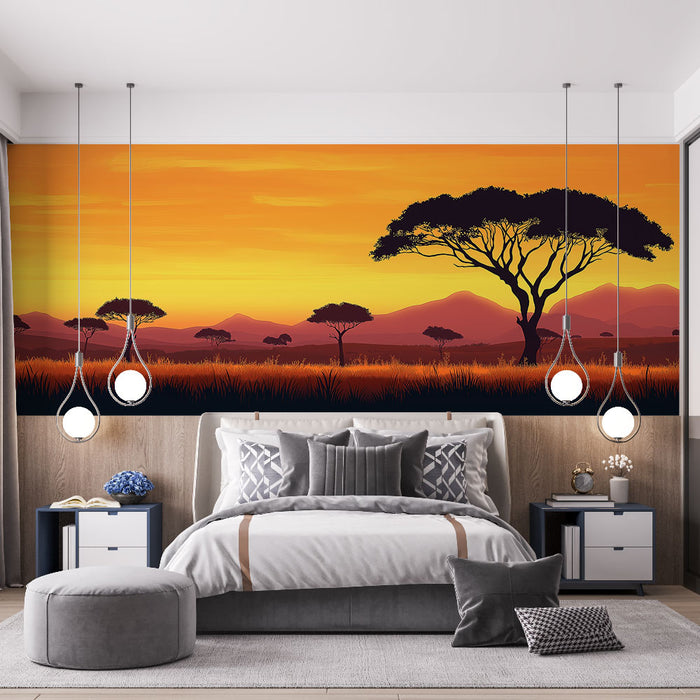 Papier peint coucher de soleil | Silhouettes d'arbres africains