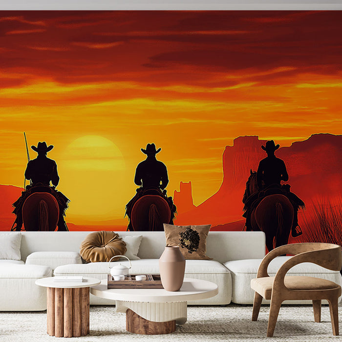 Une pièce de vie moderne avec un papier peint représentant des silhouettes de cowboys à cheval devant un coucher de soleil flamboyant, créant une ambiance chaleureuse et aventureuse.