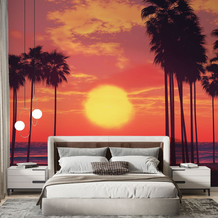 Papier peint coucher de soleil | Silhouettes de palmiers au bord de la mer
