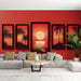 Un salon moderne avec un papier peint rouge vibrant orné de tableaux représentant des paysages tropicaux au coucher de soleil, créant une ambiance chaleureuse et accueillante.