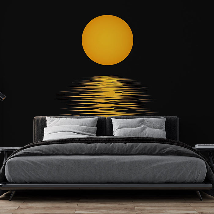 Papier peint coucher de soleil avec soleil brillant et réflexion sur l'eau sombre pour chambre moderne