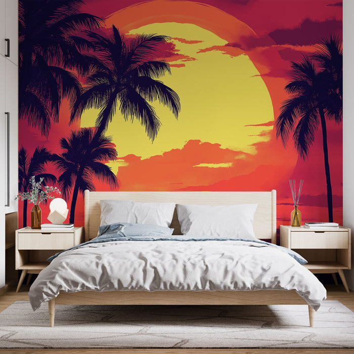 Papier peint coucher de soleil | Spectaculaire scene tropicale avec palmiers et plage