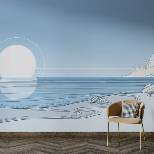 Une pièce moderne avec un papier peint représentant un paysage marin minimaliste en dégradé de bleu, évoquant sérénité et fraîcheur.