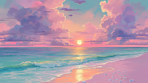 Papier peint coucher de soleil sur la mer Paysage apaisant avec des nuages colorés et une plage douce