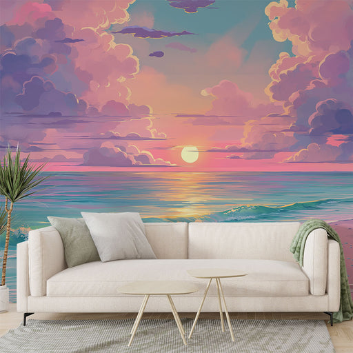 Un salon lumineux avec un papier peint représentant un paysage marin aux couleurs pastel, évoquant une ambiance sereine et rêveuse au coucher du soleil.