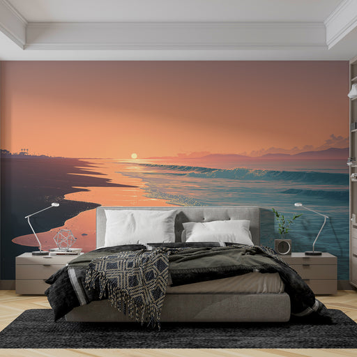 Une chambre moderne avec un papier peint représentant un paysage côtier au coucher de soleil, évoquant une atmosphère paisible et relaxante.